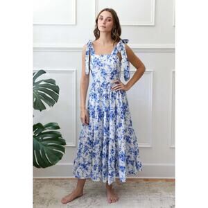 Mille Daphne Midi Dress Blue Floral Bouquet Tiered Bow Tie Shoulder Cotton S
